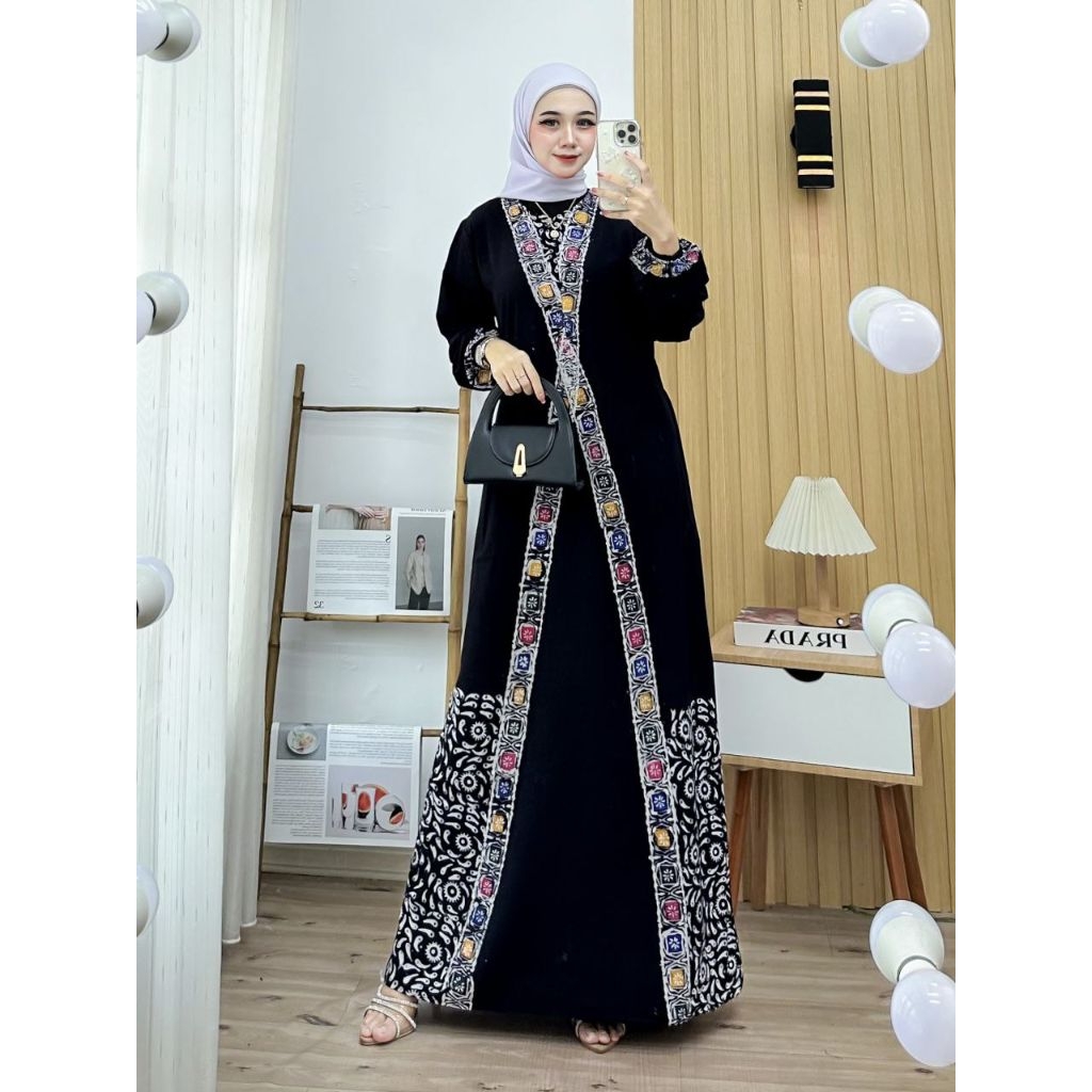 Gamis Batik Encim Adem Nyaman Panjang Muslimah-Hitam silang