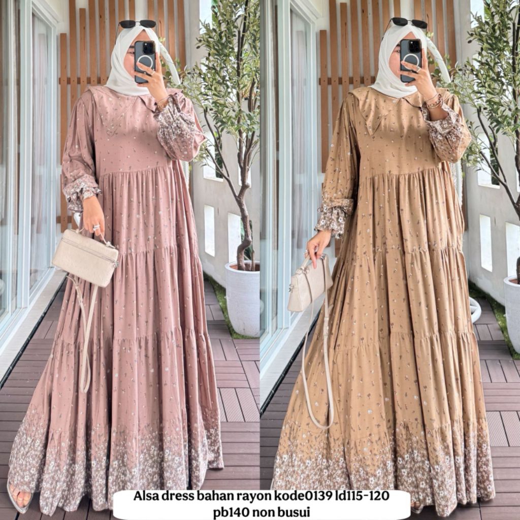 AVR Gamis Alsa Dress Bahan Rayon Motif Bunga Kecil Kerah Colar NonBusui