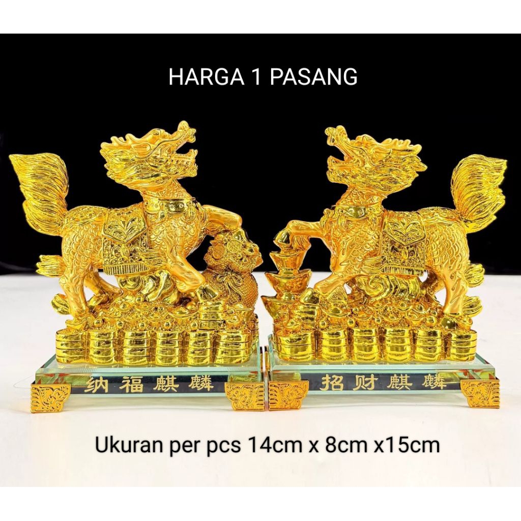 Pajangan Fengshui Pasangan Patung Qilin Emas – Pembawa Keberuntungan dan Kekayaan