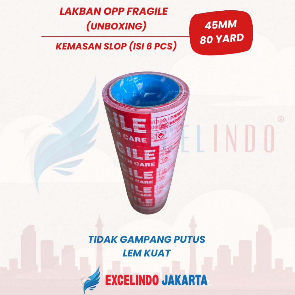 

(1 SLOP/6 PCS) Excelindo Lakban Fragile UNBOXING 45mmx80 yard PREMIUM QUALITY PREMIUM QUALITY