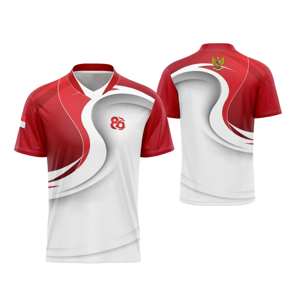Kaos Jersey Nasionalisme Merah Putih Kerah V Pria 17 Agustus HUT RI-80 Fullprint