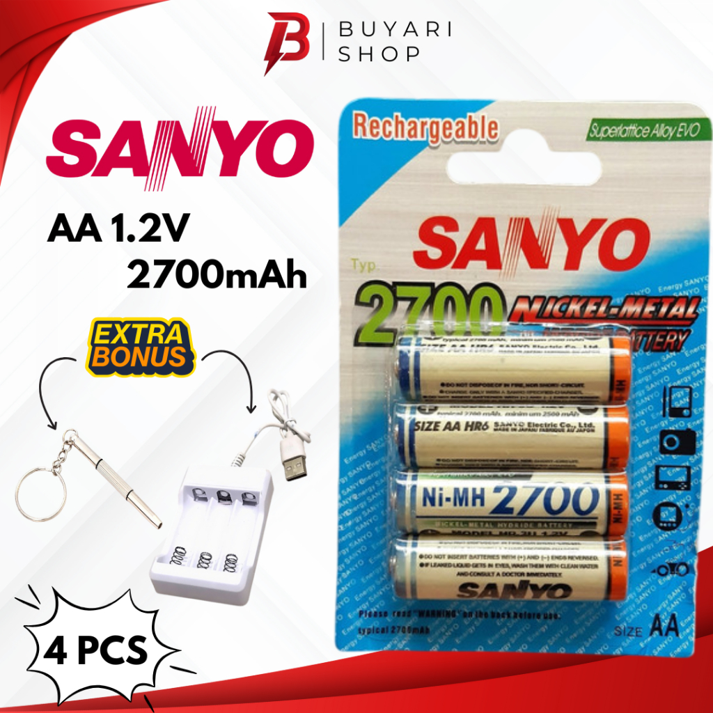 FREE CHARGER Baterai AA Sanyo Isi 4 Rechargeable Cas Charger Charge Recharge Tamiya Murah Sony Sanyo