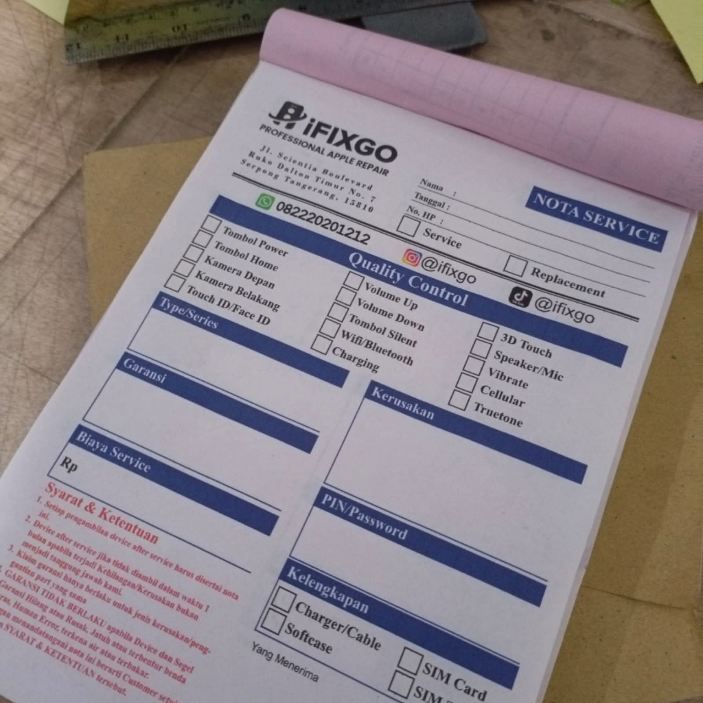 

Nota servis hp ukuran 1/4 folio 10 x 16cm 1ply 2ply 3ply kertas NCR