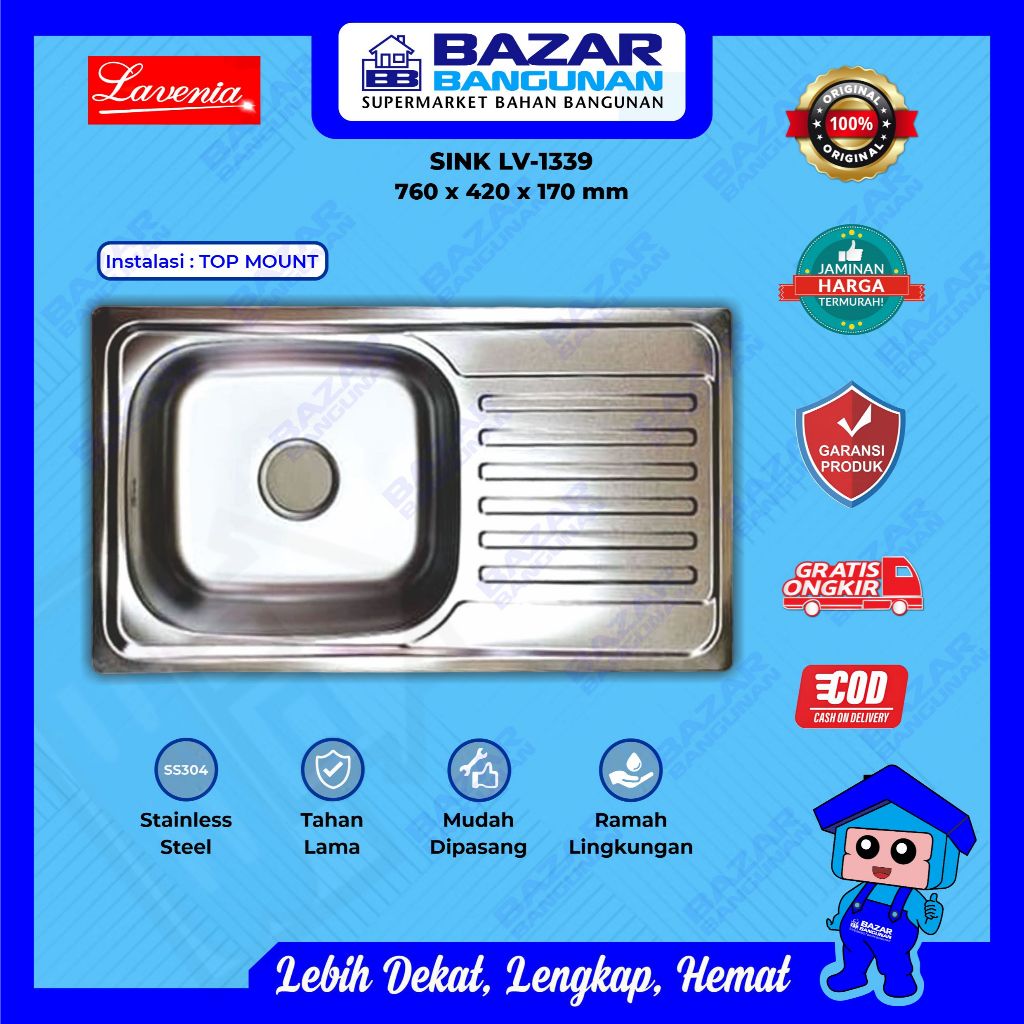 Lavenia - Kitchen Sink Wastafel Bak Cuci Piring Dapur LV 1339 Stainless Steel Top Mount Toto Royal