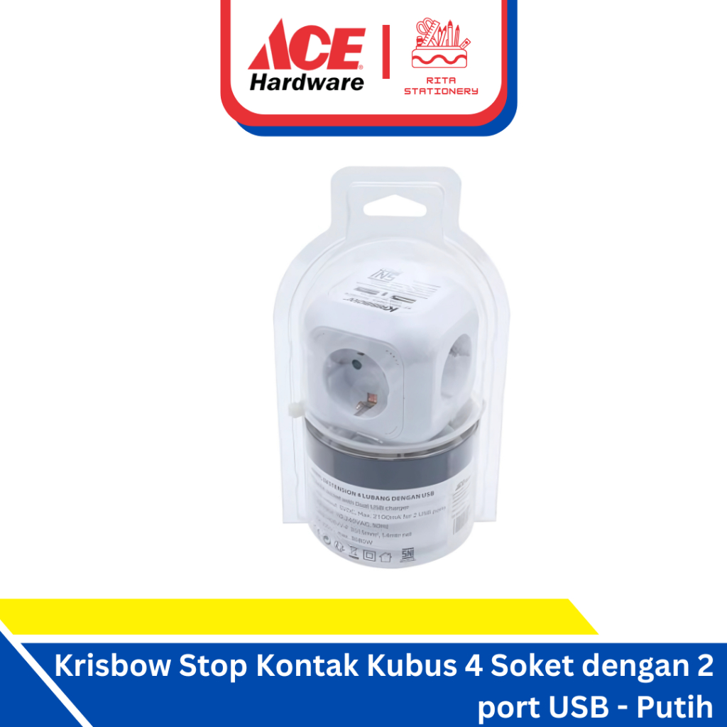Krisbow Stop Kontak Kubus 4 Soket dengan 2 port USB - Putih