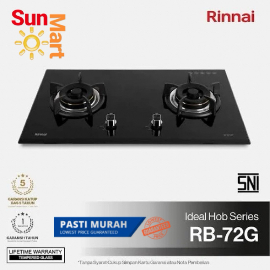 Kompor Tanam Rinnai RB72G RB 72G Tempered Glass Brass Burner Gas Gas Stove 2 Tungku Kaca Kuningan