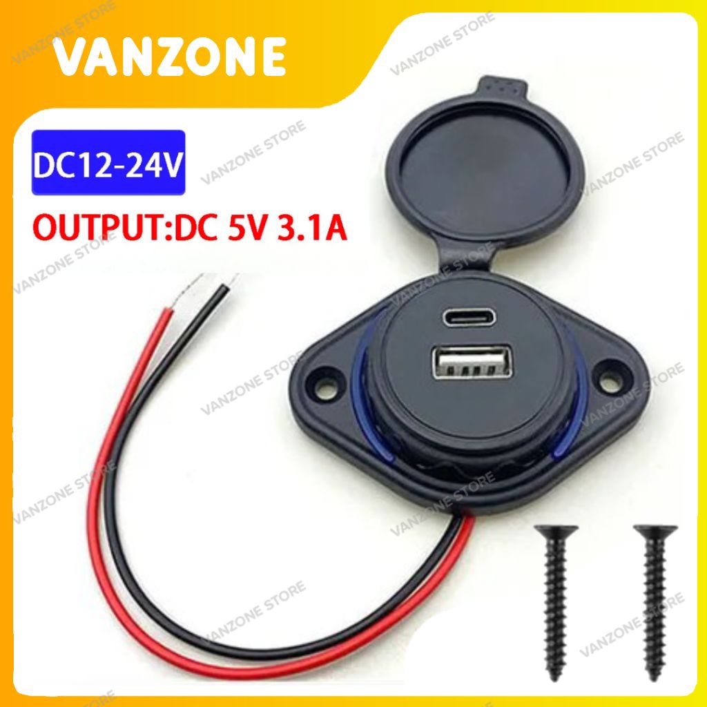 Charger Mobil Dashboard Trim Dual Port USB Type C PD Type A QC 3.0 5V 3.1A Waterproof