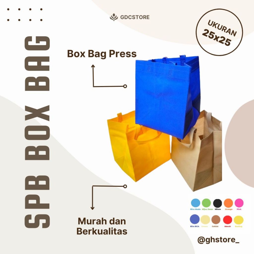 

Tas HBPA BOX untuk isi (Box 25x25 / Box 20x20 / box 22x22 ) HARGA Pcs bahan 75gm / Goodie Bag isi 12 pcs