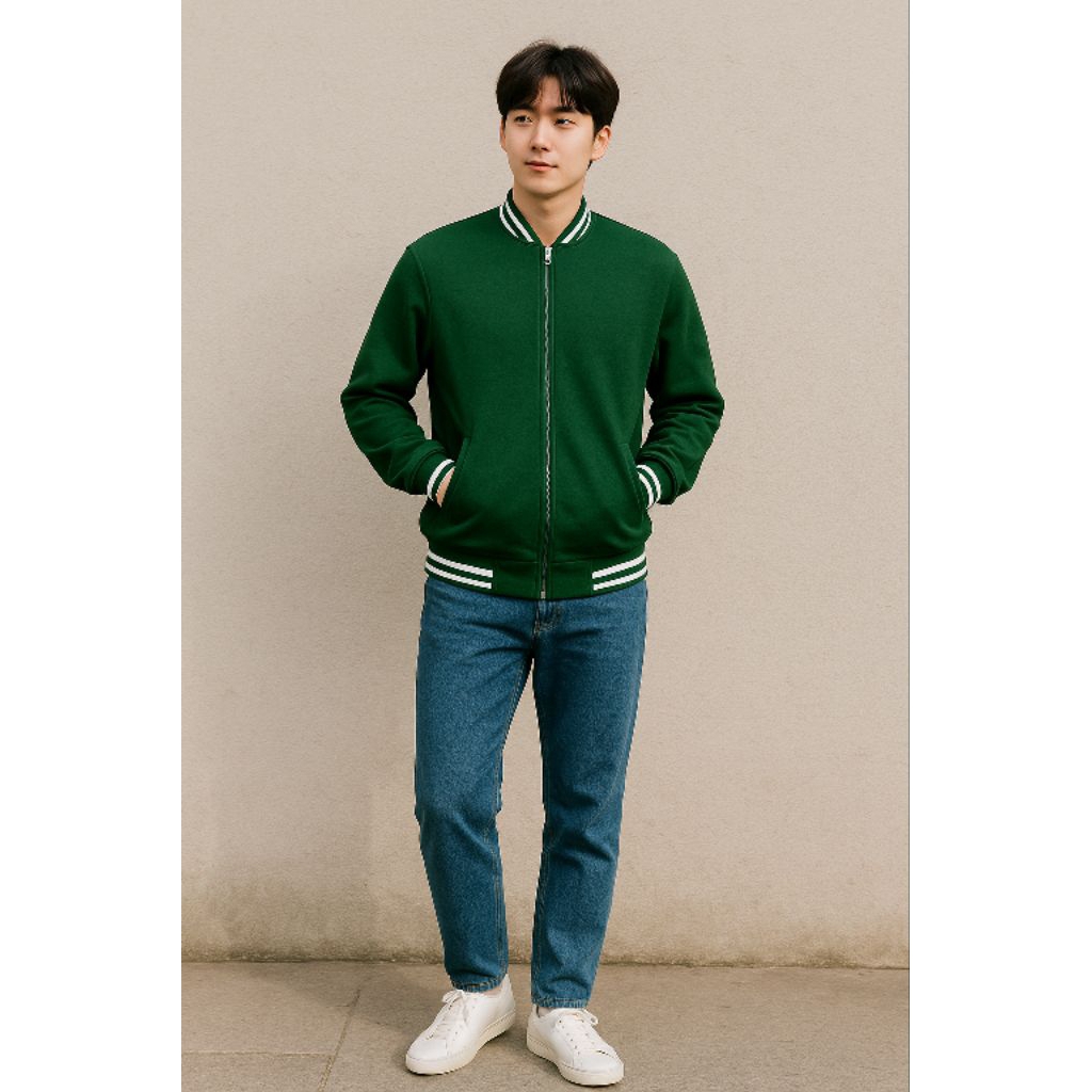 Jaket Baseball Varsity Polos Resleting Warna Hijau Botol/Jaket Varsity Polos Unisex Pria Dan Wanita 