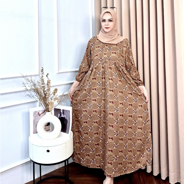 Bonita Dress Bunga Catur Lengan Balon Gamis Rayon Diamond Size M - XXXL Resleting Depan
