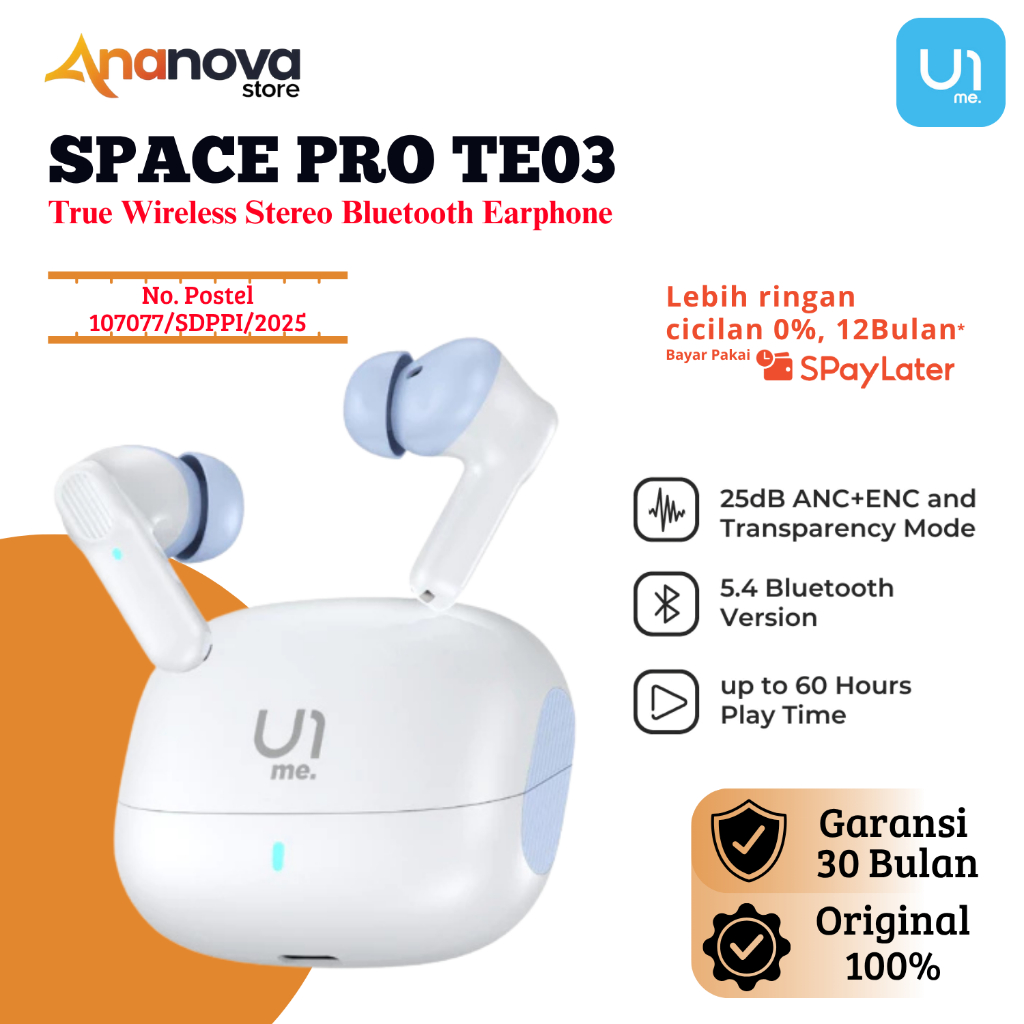 U1me Earphone TE03 Space Pro TWS Bluetooth 5.4 ANC Mode, Transparency Mode, Music Mode, Game Mode