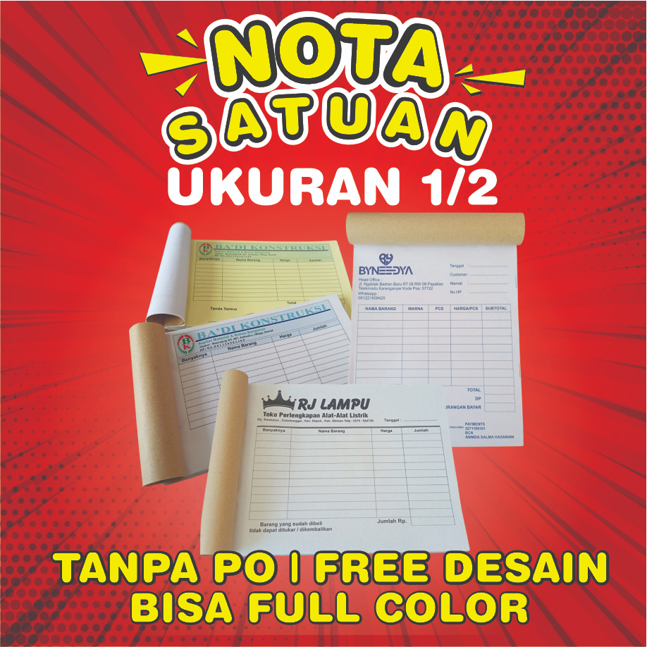 

Nota Custom Ukuran 1/2 | Full Color | Free Desain | Langsung Cetak Tanpa PO