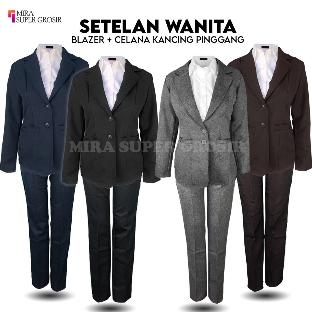 One Set Blazer Celana Panjang Wanita Stelan Jas Kerja Kantor Cewe Polos Bahan Wool Setelan Kekinian 