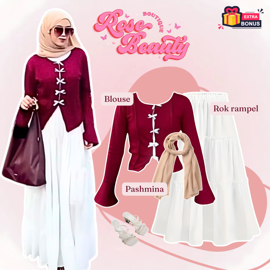 One set 3in1 Blouse atasan pita maroon rok rampel susun putih pashmina ceruty babydoll | OOTD outfit