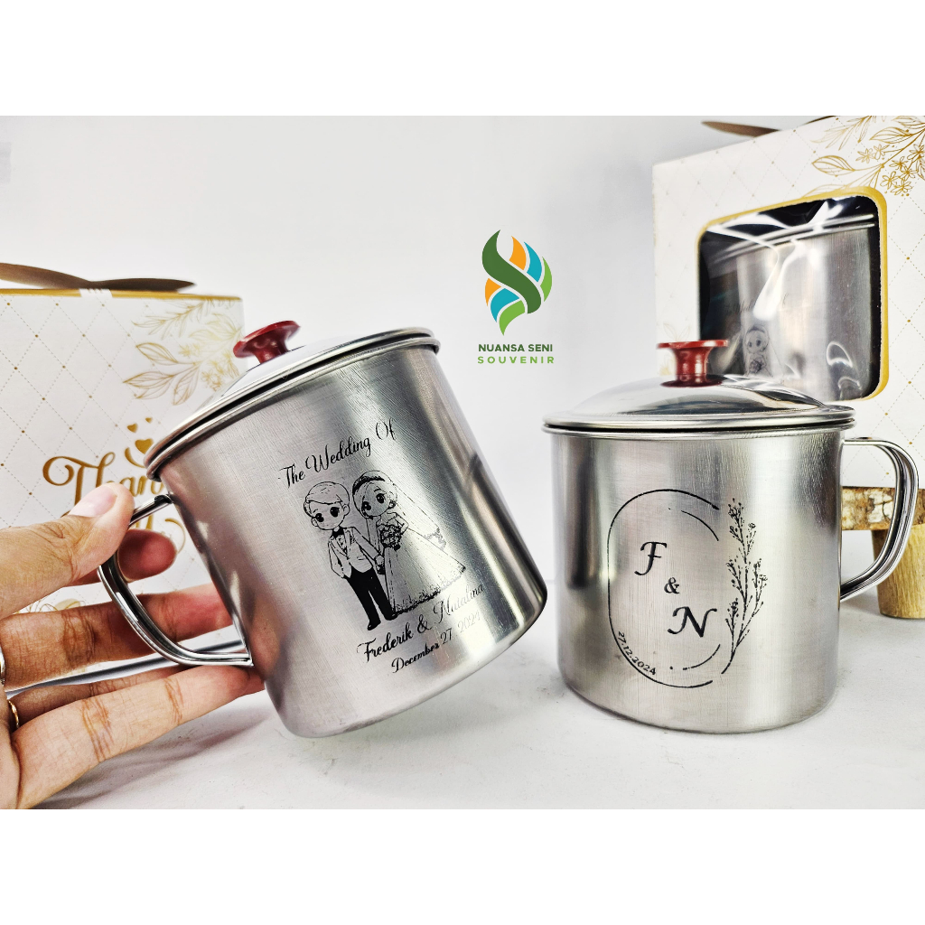 Souvenir Pernikahan Gelas Cangkir Enamel 9cm Tutup Mug Minum Kaleng Stainless Sablon Kemas Box