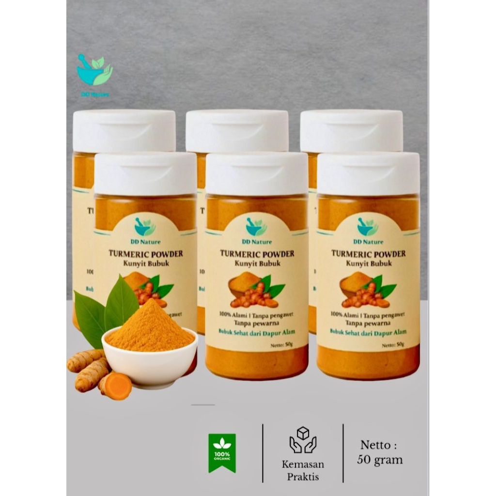 

Kunyit Bubuk Murni 100% 50gr Paket 6pcs – Rempah Alami untuk Masakan & Minuman – DD Nature | Botol Flip Top Praktis