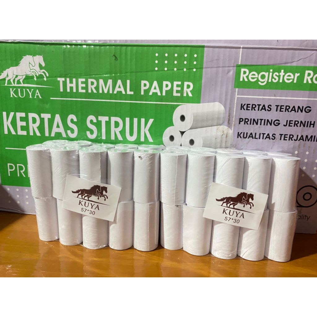 

Kertas Kasir Struk Paper Roll Termal 57x30mm, KERTAS KASIR KUYA 57x30,KERTAS STRUK THERMAL EDC 57x30
