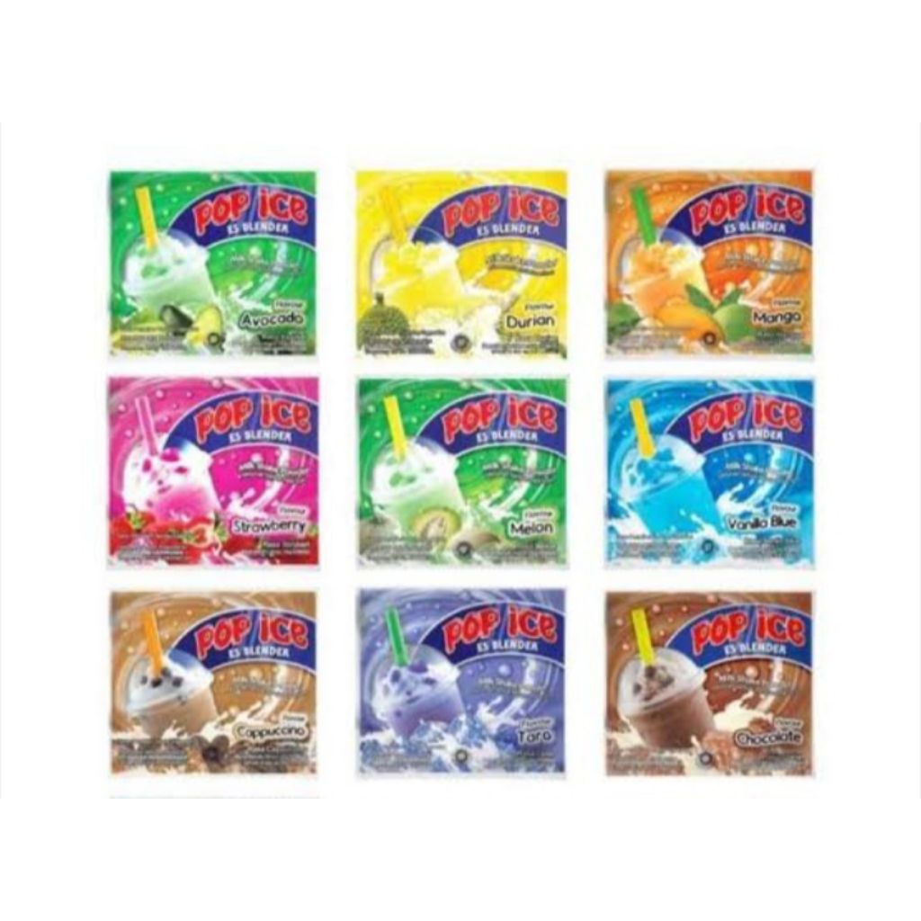 

POP ICE- - SACHET MINUMAN ES BLENDER ECERAN ALL VARIAN ANEKA RASA/POP ICE RENCENG BERANEKA RASA