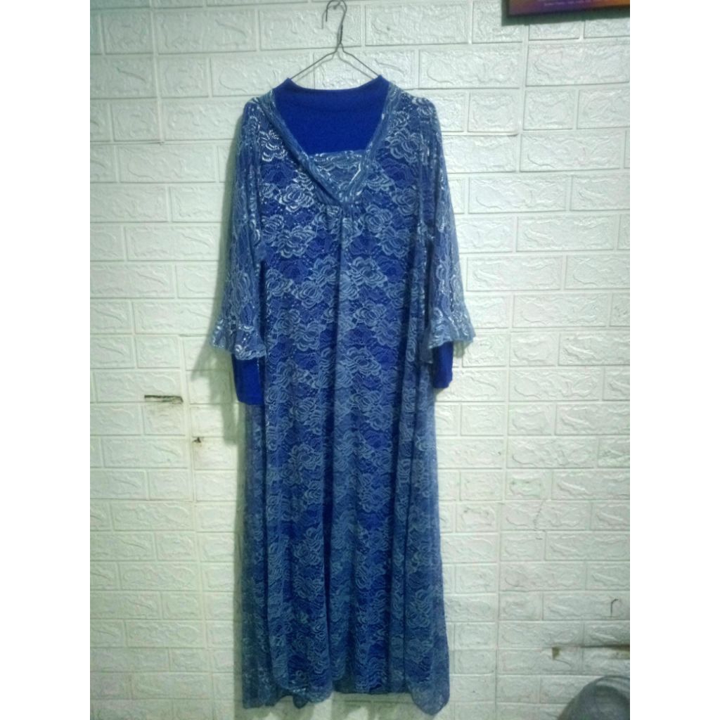 Dress Brukat + inner manset gamis Preloved warna Biru Tosca