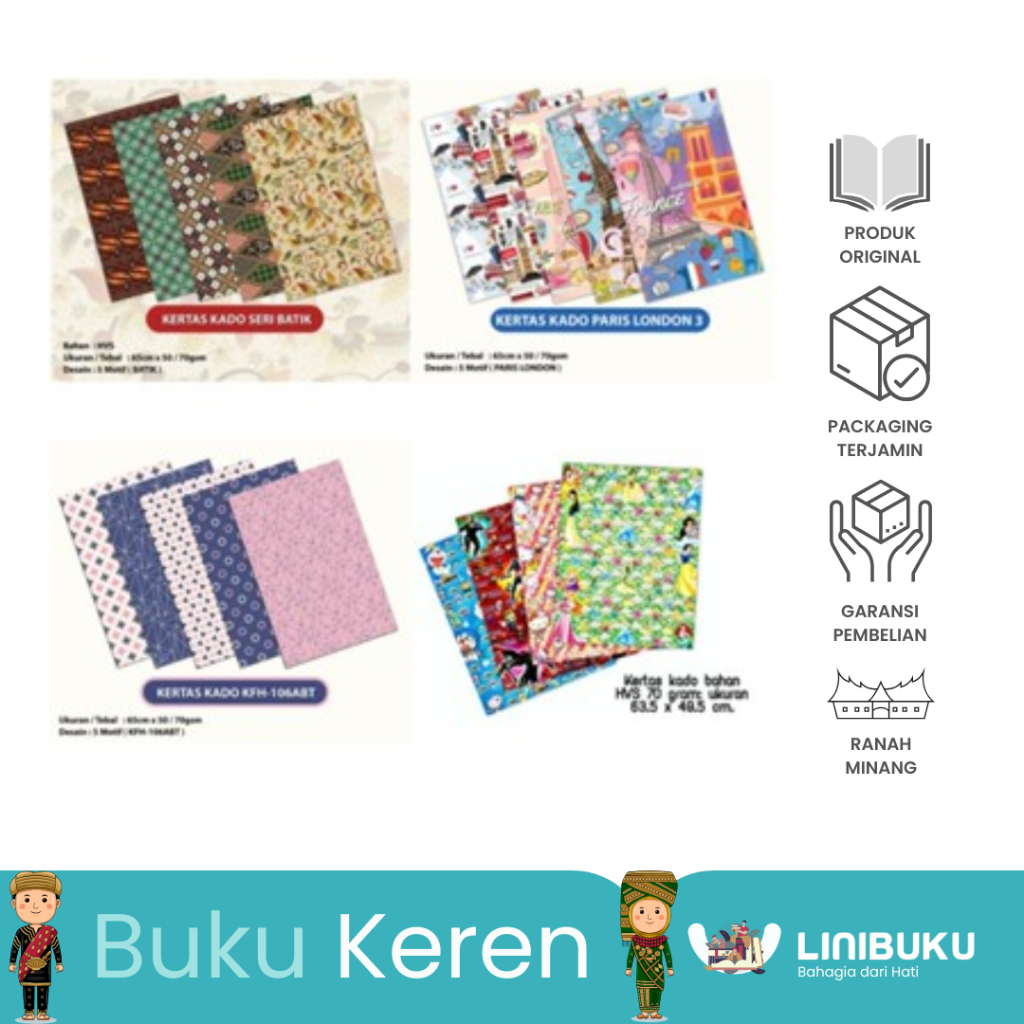 

FREE BUBBLE WRAP/ DUS 50 Lembar Kertas Kado Aneka Motif Karakter (65 cm x 50 cm/70 gsm) - ATK