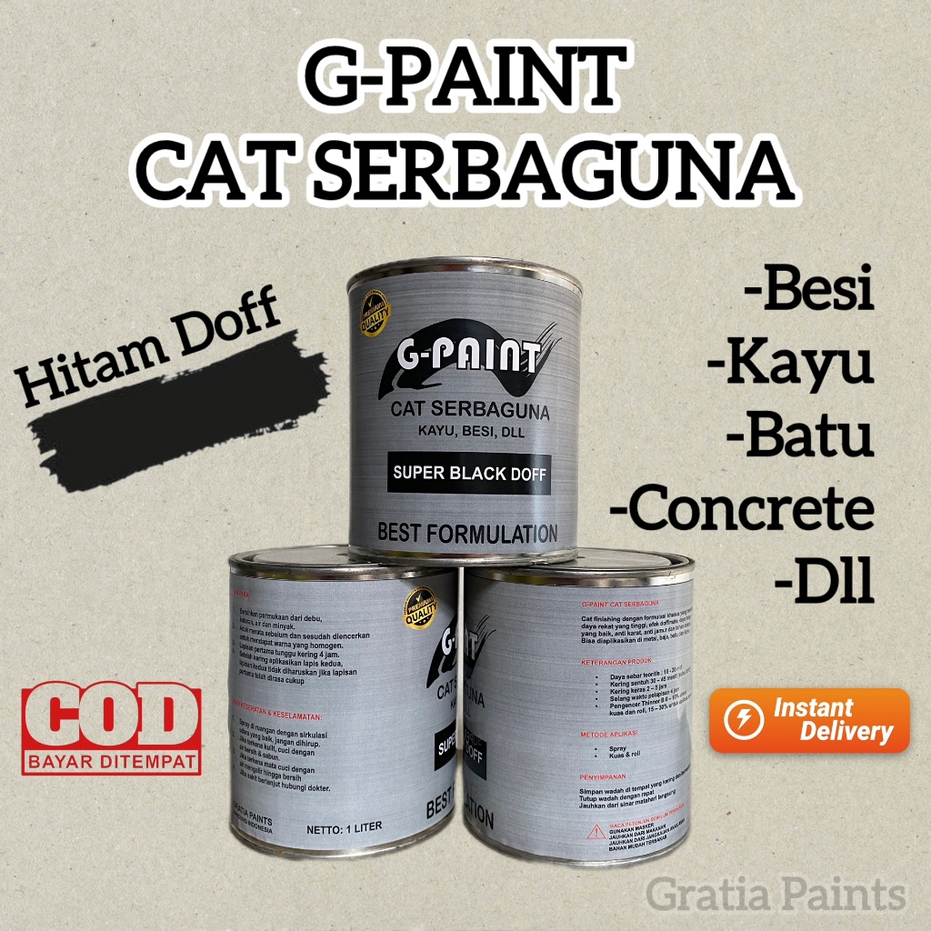 CAT HITAM DOFF SERBAGUNA CAT RUMAH MINIMALIS G-PAINT BESI, KAYU, BATU 1 LITER