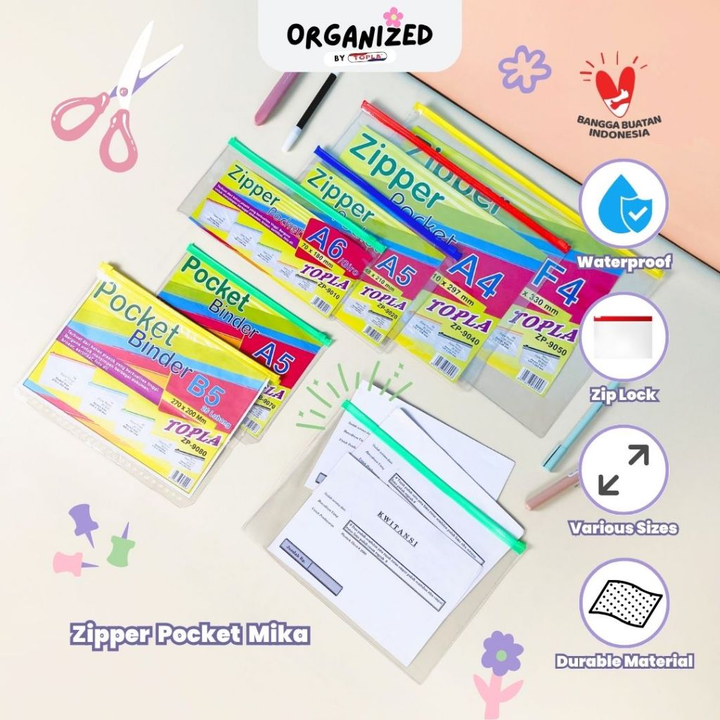 

Topla zipper Pocket Mika pouch ziplock alat tulis make up aksesoris ukuran A6 A5 B5 A4 F4 anti air