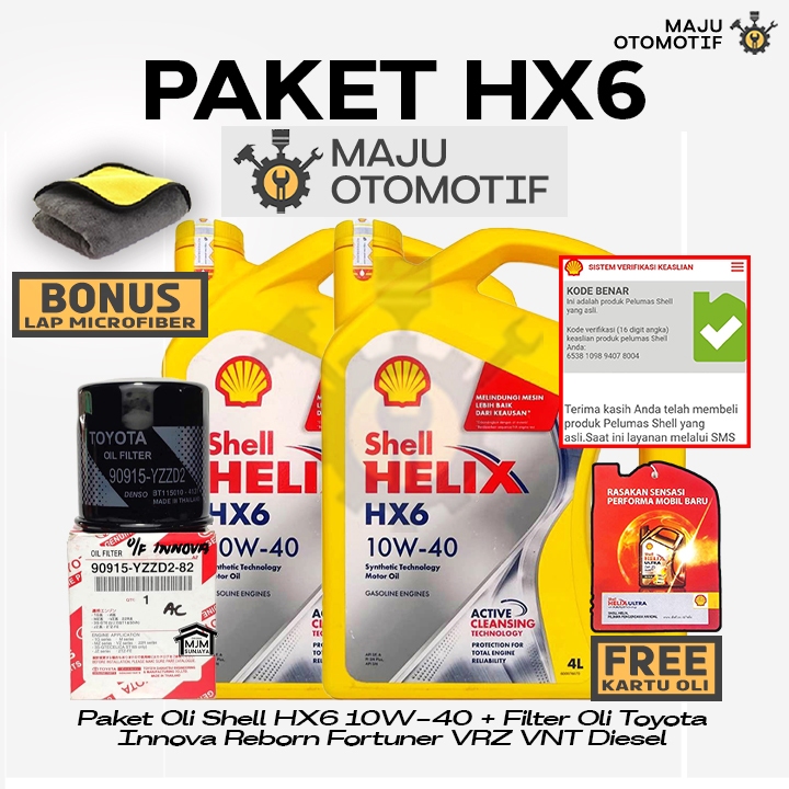 [GRATIS FILTER OLI] PAKET Ganti Oli Mesin Shell Helix HX6 SAE 10W-40 8 Liter TOYOTA Innova Reborn Fo