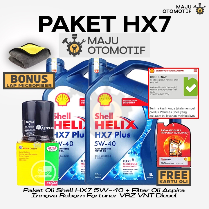 [GRATIS FILTER OLI] PAKET Ganti Oli Mesin Shell Helix HX7 SAE 5W-40 8 Liter ASPIRA Innova Reborn For