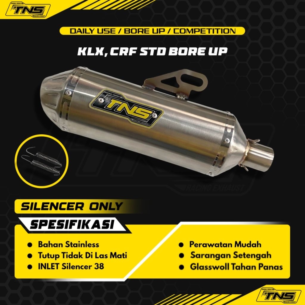 Silencer knalpot klx ,crf ,dtracker, wr. TNS type standar dan bore up inlet 38