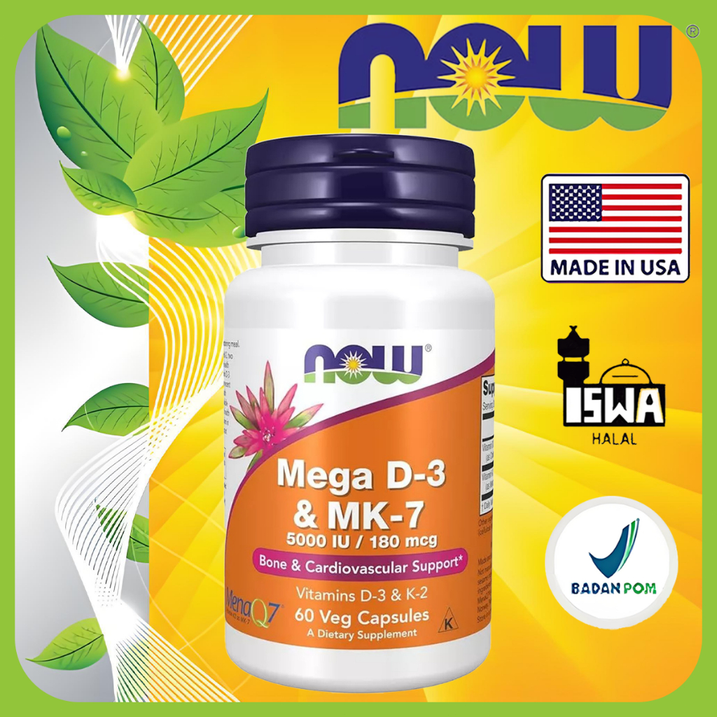 Now Foods Vitamin Mega D3MK7 D-3 MK7 D3 & K2 MK-7 180 Mcg 5000 IU 60 Veg Capsules / Vitamin D3 K2