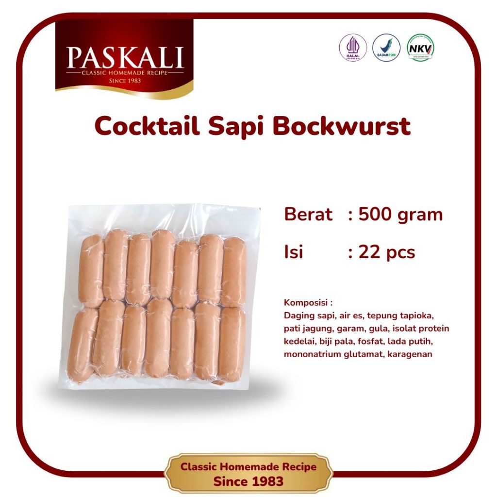 

Cocktail Sapi Bockwurst Premium Paskali 500 Gram Isi 22 Pcs