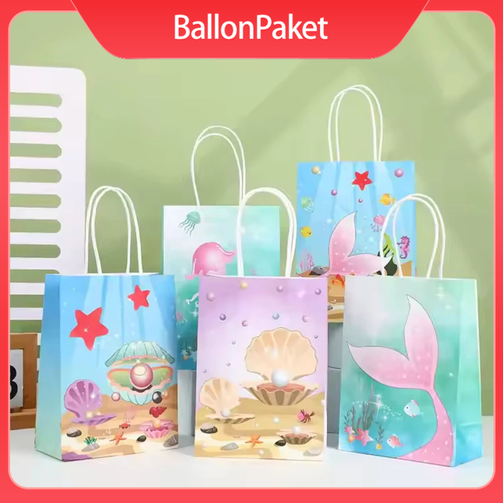 

6pcs Tas Hadiah Kertas Ekor Putri Duyung Tas Snack Makanan Ringan Portabel Perlengkapan Pesta Ulang Tahun Anak-anak