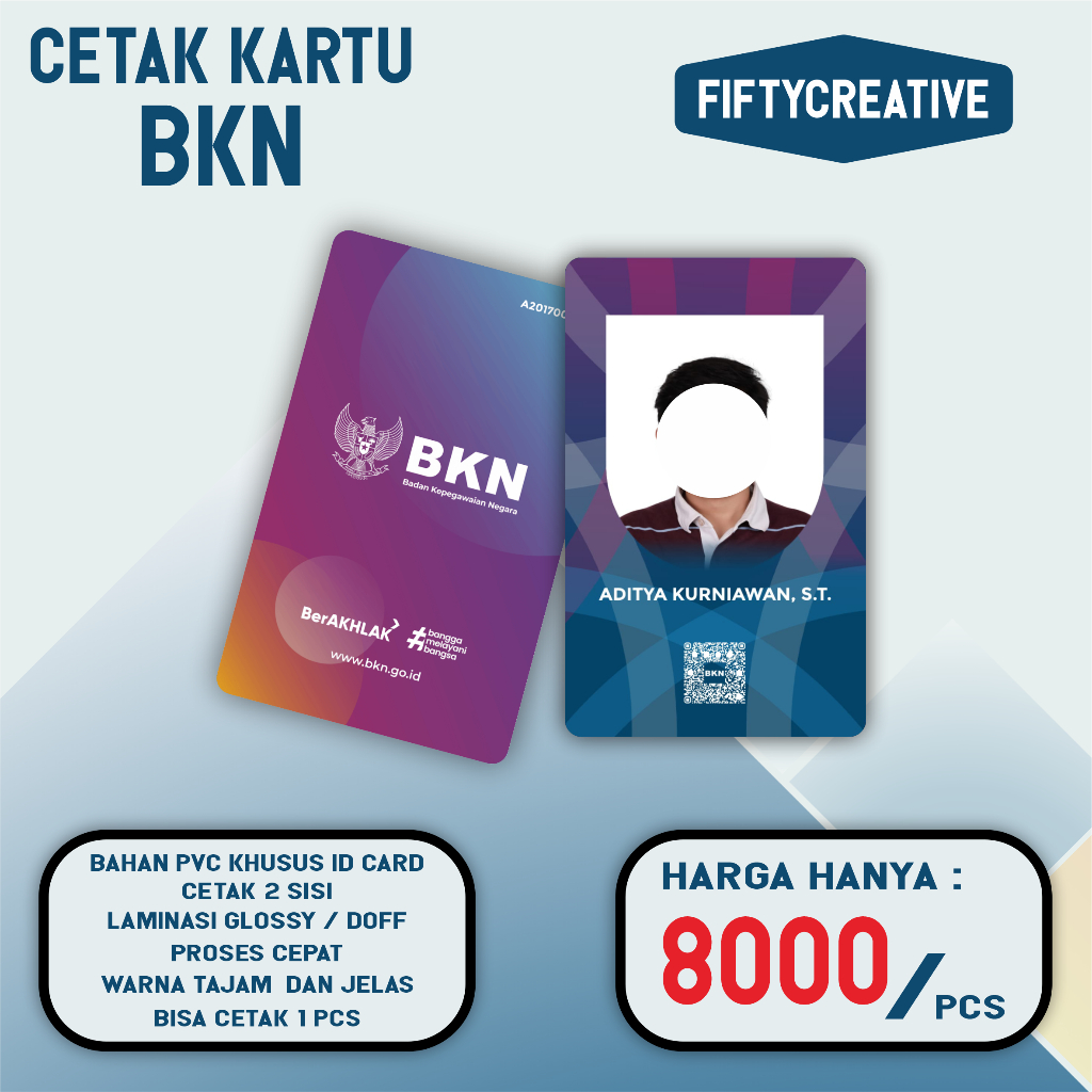 

Cetak kartu BKN Bahan PVC Tebal, Laminasi Tahan Gores dan Tahan Air