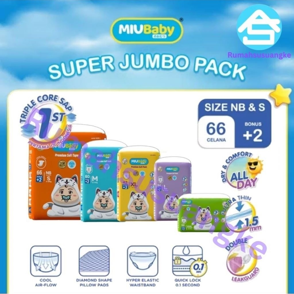 Popok Miu Baby jumbo premium soft pants NB/S 66+2,M60+2,L54+2,XL44+2,XXL32+2