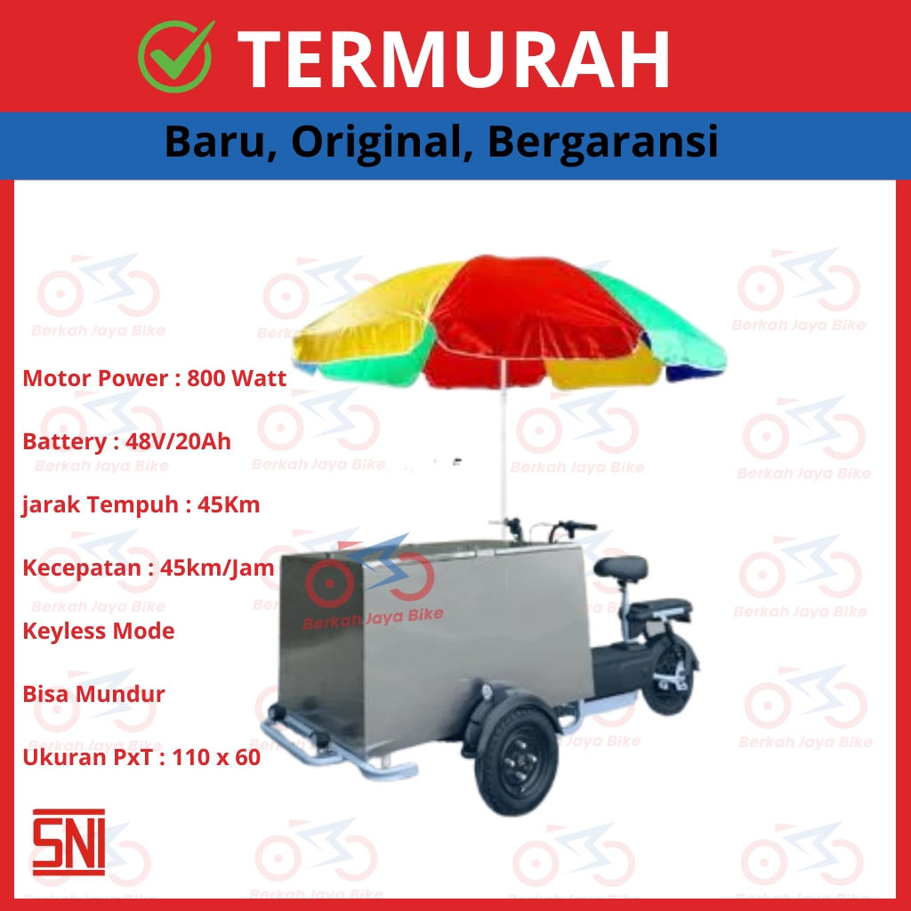 TORA Gerobak Sepeda Listrik Bisa Mundur 48V20Ah Motor 800Watt Gerobak Listrik Es Kopi keliling