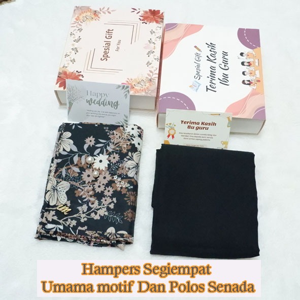 HAMPERS DUET HIJAB SEGI EMPAT UMAMA MOTIF LASERCUT DAN KATUN POLOS