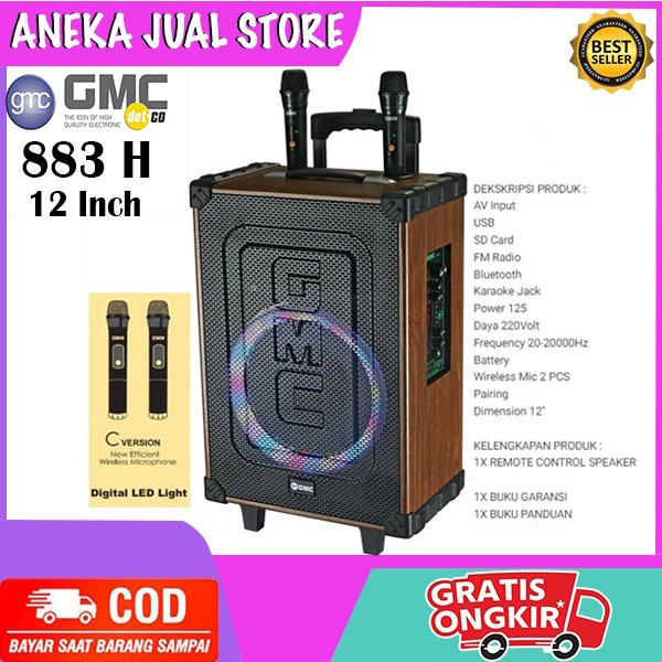 Gmc Speaker Portable 883H 12 Inch /Speaker Karaoke Bluetooth Mic 2 Wireless