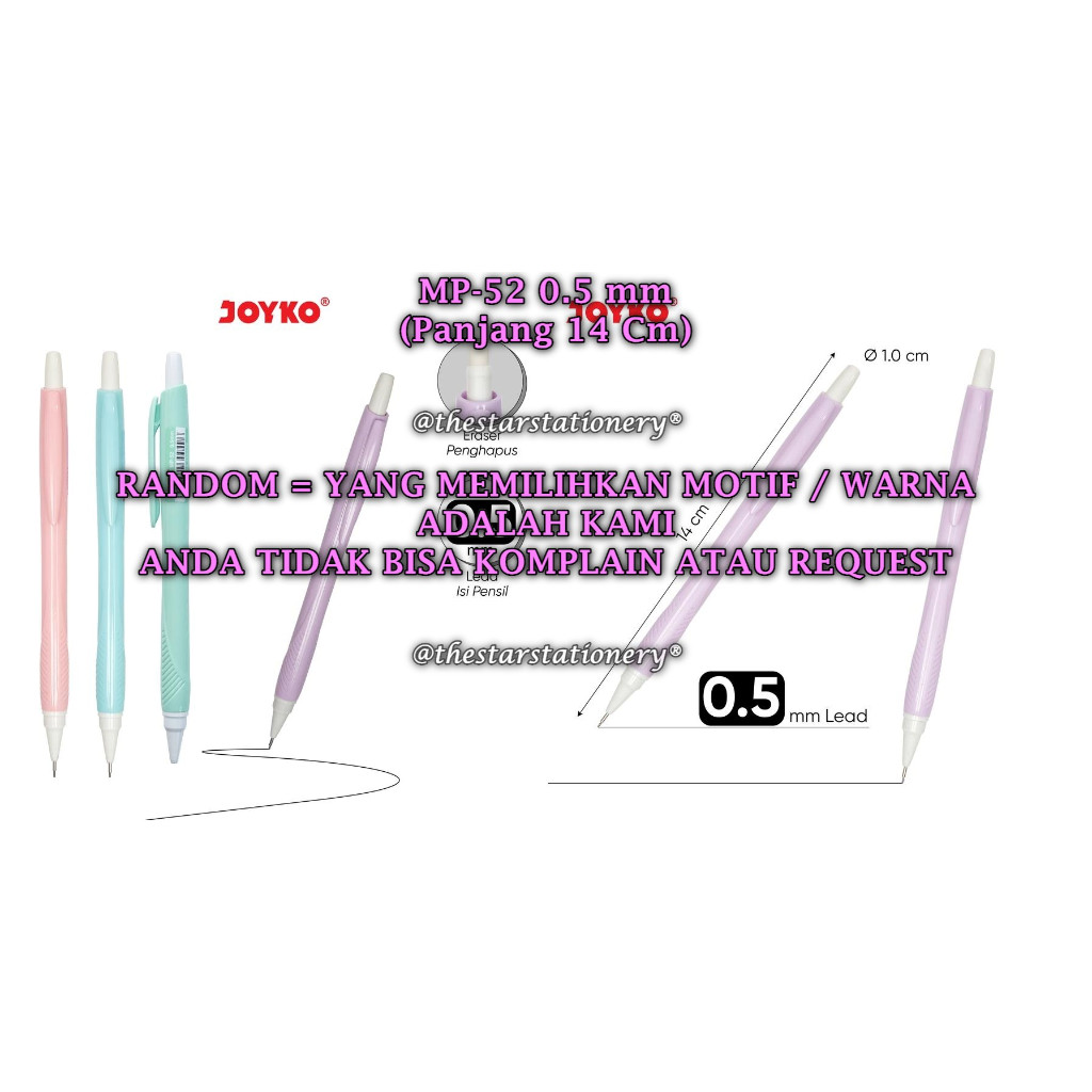 

(1 Biji) GROSIR Pensil Mekanik JOYKO MP-52 0.5 mm RANDOM / Mechanical Pencil Joyko MP-52 (1 Biji)