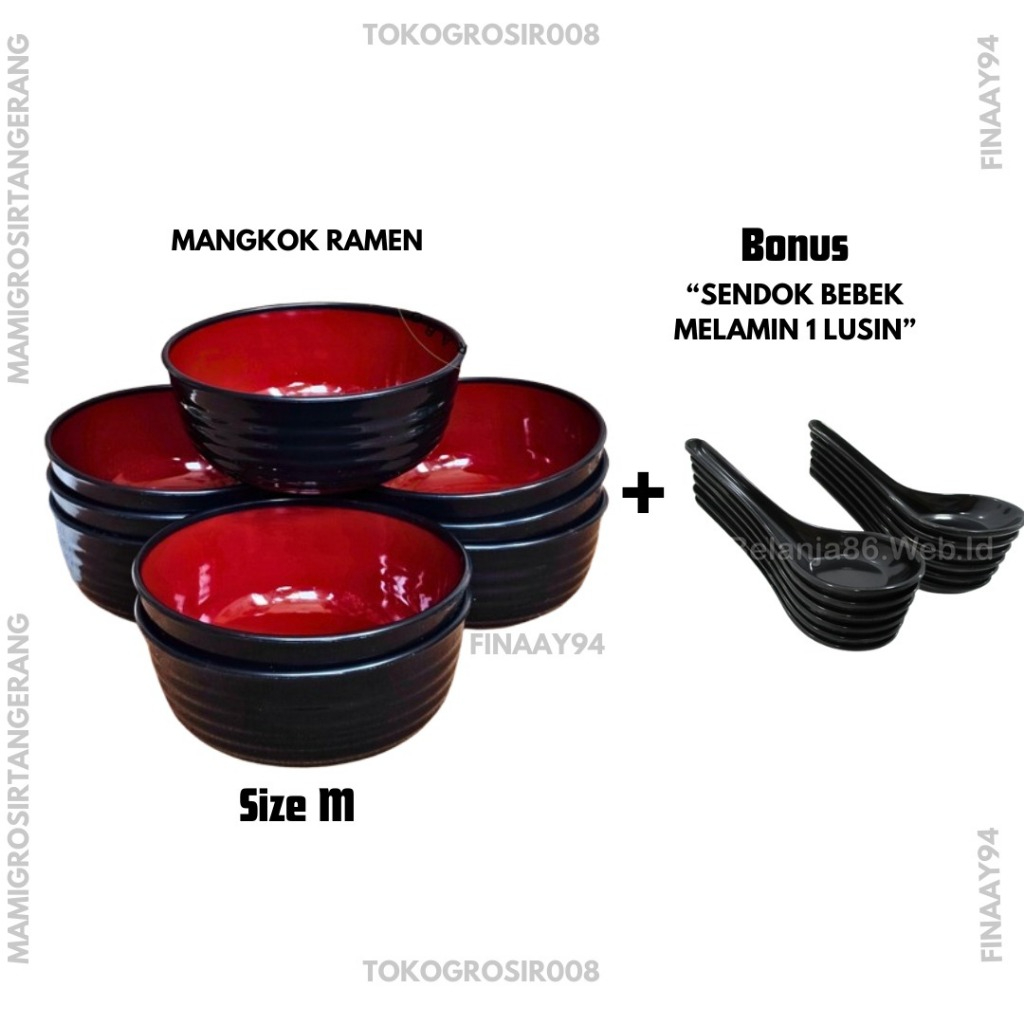 PAKET 12 PCS MANGKUK RAMEN TEBAL BONUS SENDOK BEBEK MELAMIN 1 LUSIN TERLARIS MANGKOK ULIR 15cm COD