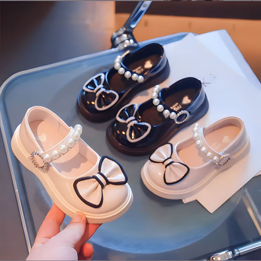 Sepatu anak Perempuan Cantik Pita Mutiara Feminin Flats Shoes anak Wanita Mewah Sepatu Balita-Remaja