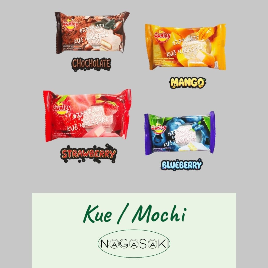

Kue/Mochi Nagasaki Conley(Chocholate, Mango, Strawberry, Blueberry) 35 Gr|10 Pcs