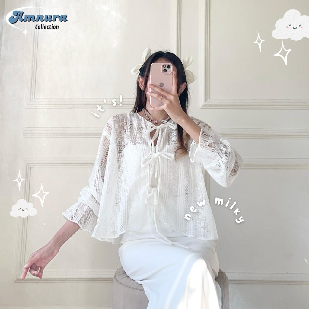 Outer Brukat Lace Wanita | Marie Ribbon Outer | Outer Brukat Lace Pita Coquette Aesthetic Crop Outer