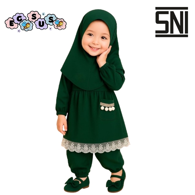 (EGSUS) Setelan Gamis Hijab Alena Bayi Anak Renda Katun Spandek Jersey 0-2 Tahun Pakaian Hijau Botol
