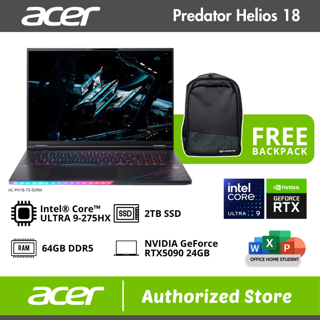 ACER PREDATOR HELIOS 18 AI ULTRA 9 275HX RTX5090 64GB 2TB 18.0 WQUXGA 4K MINILED DUALMODE 240HZ 100D
