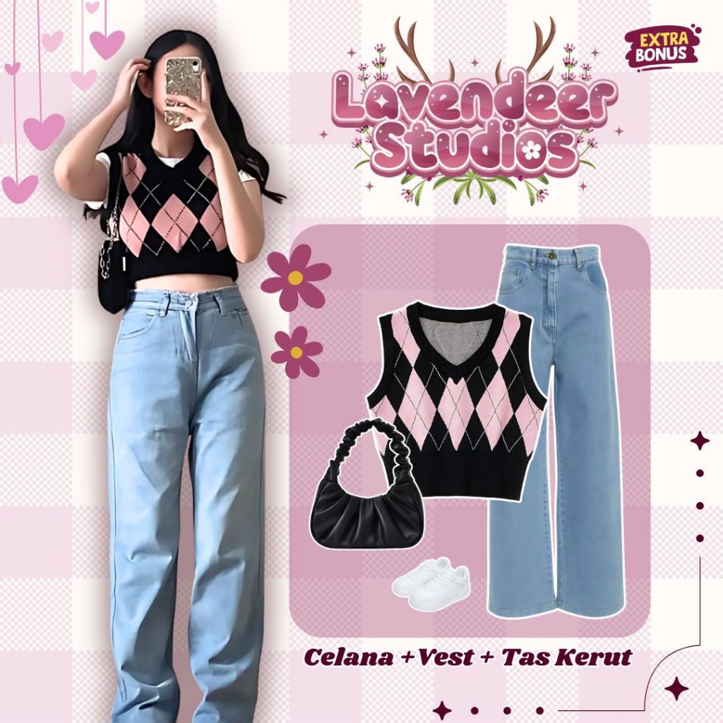 One set 3in1 Vest Rompi Pink Celana Jeans Tas Kerut Hitam | OOTD outfit wanita cewek anak remaja mod