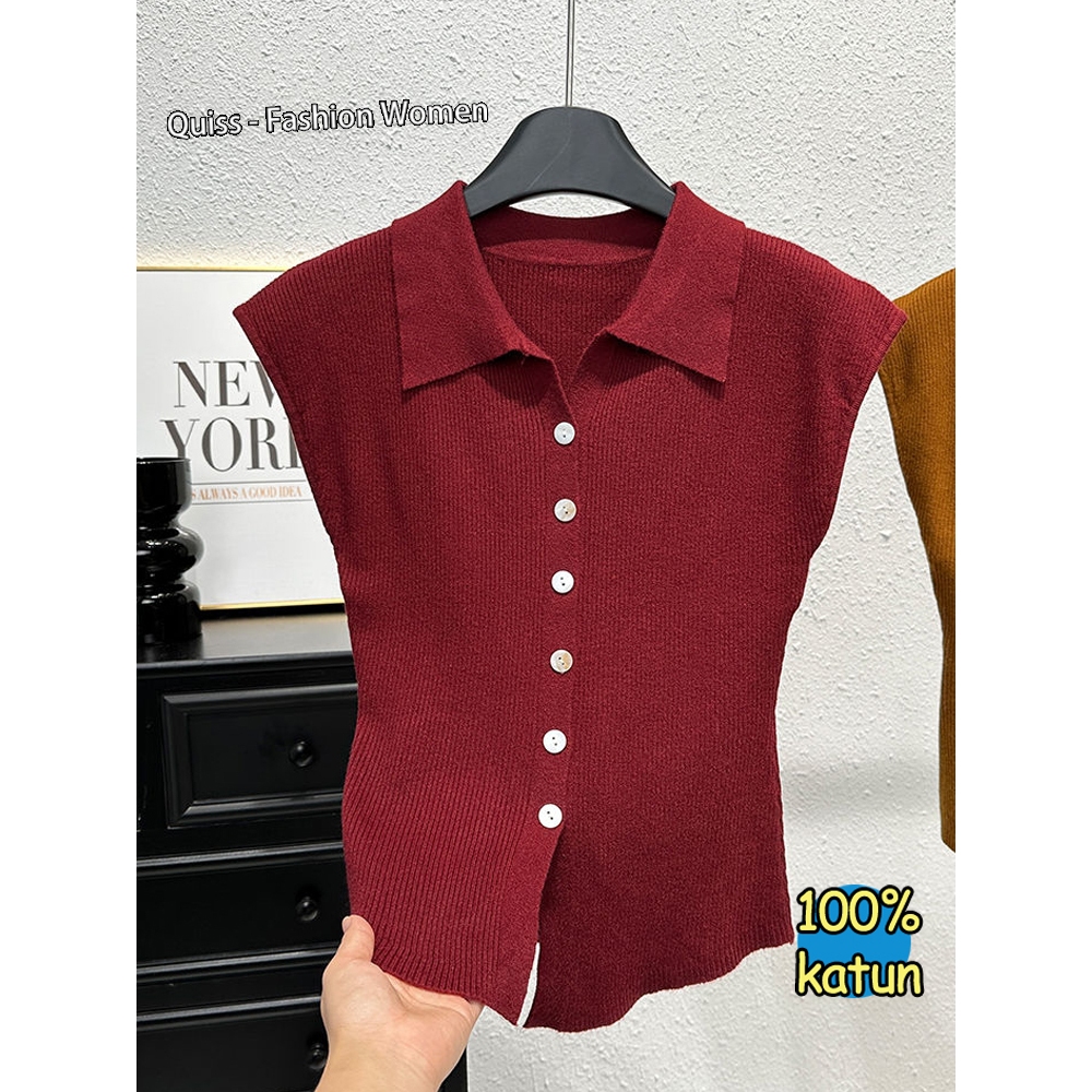 Quiss Rompi Rajutan Temperamen Merah Retro Wanita Musim Semi dan Musim Panas Kardigan Kancing Leher-