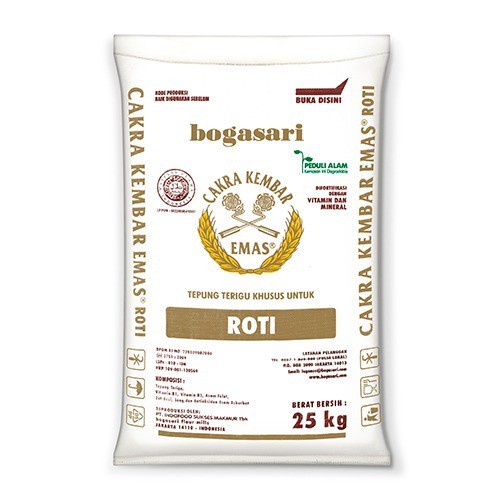 

Tepung Terigu Bogasari Cakra Kembar Emas @ 25 Kg - Tepung Terigu Khusus Roti