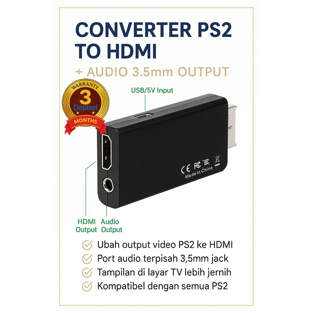 Converter PS2 to HDMI + Audio 3.5mm Output – Alat Ubah Video PS2 ke TV LED LCD HD Garansi 3 Bulan