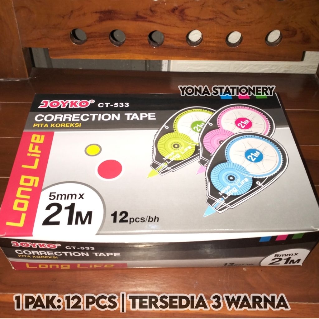 

Tip Ex Kertas Joyko CT-533 (5mm x 21m) | 1 Pak: 12 Pcs | Tersedia 3 Warna: Pink, Biru, Hijau | Joyko Correction Tape | Tip Ex Kertas
