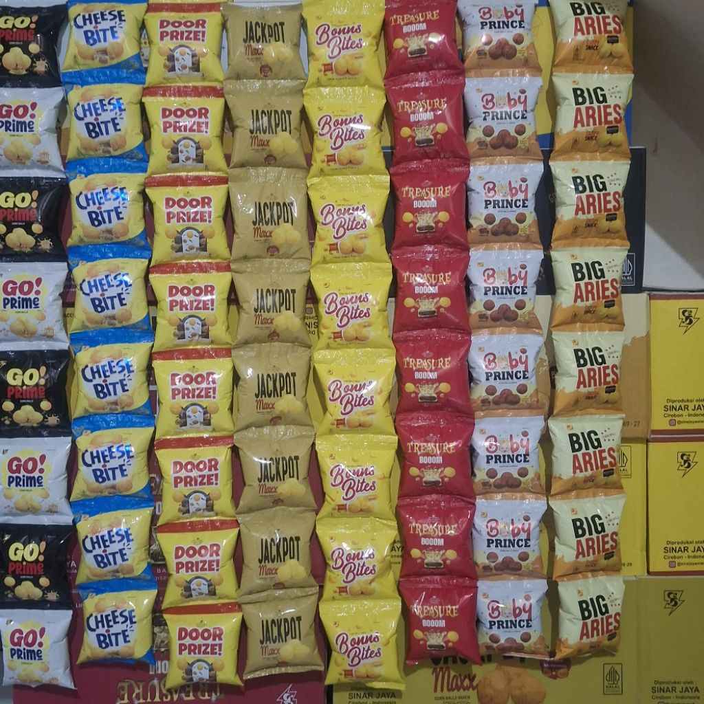 

Jajan Berhadiah Treasure Boom, Big Aries, Jackpot, Door Prize, Go Prime, Go Prince, Ohayo, cheese Bite, Bonns Bites. Twist Prime isi 10 pcs